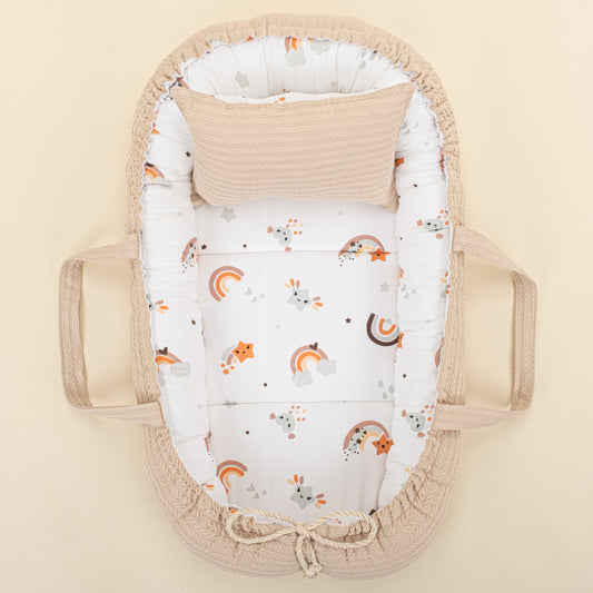 Babynest and Pillow - Çift Taraflı - Sütlü Kahve Örgü - Turuncu Gökkuşağı