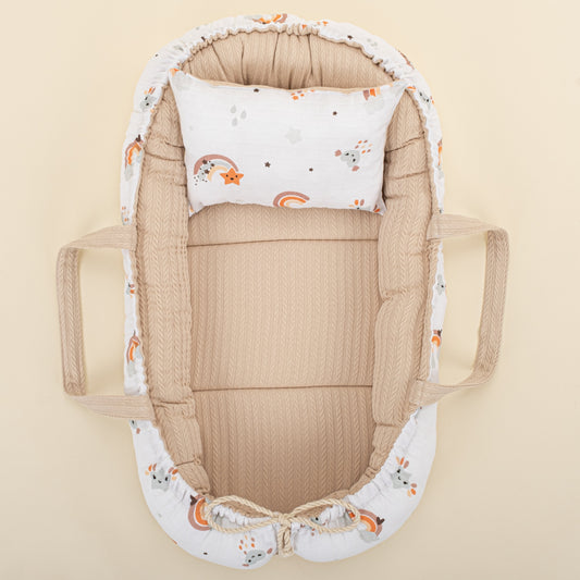 Babynest and Pillow - Çift Taraflı - Sütlü Kahve Örgü - Turuncu Gökkuşağı