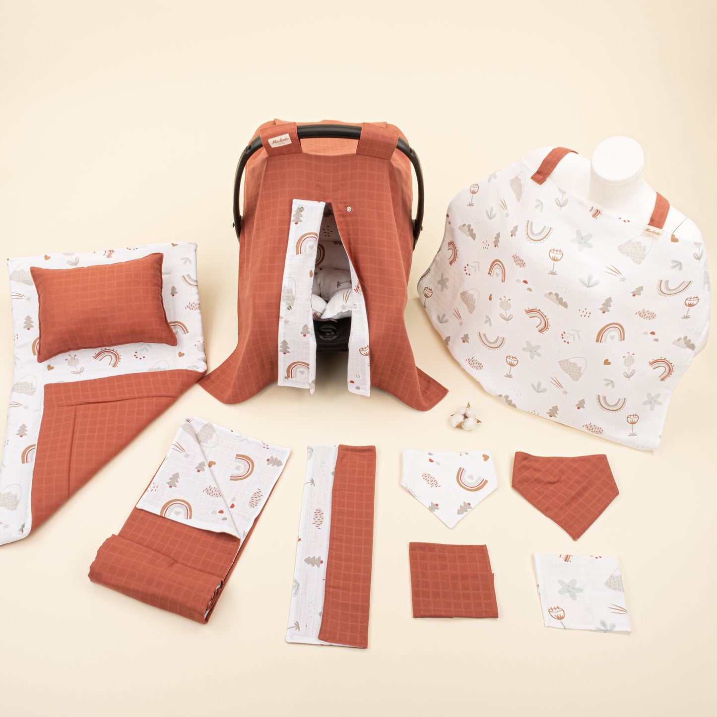 11 Piece - Newborn Sets - Double Sided - Seasonal - Koyu Kiremit Muslin - Kahverengi Gökkuşağı