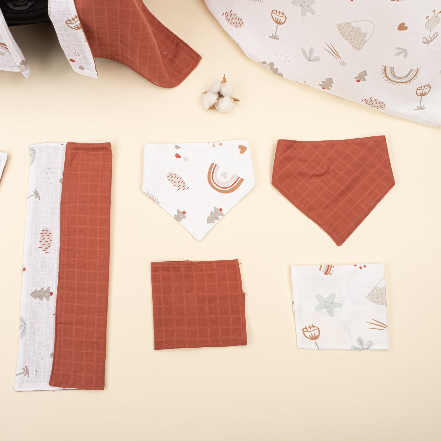 11 Piece - Newborn Sets - Double Sided - Seasonal - Koyu Kiremit Muslin - Kahverengi Gökkuşağı