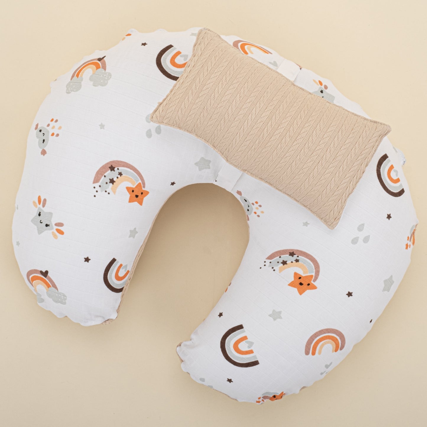 Double Sided Breastfeeding Pillow - Sütlü Kahve Örgü - Turuncu Gökkuşağı