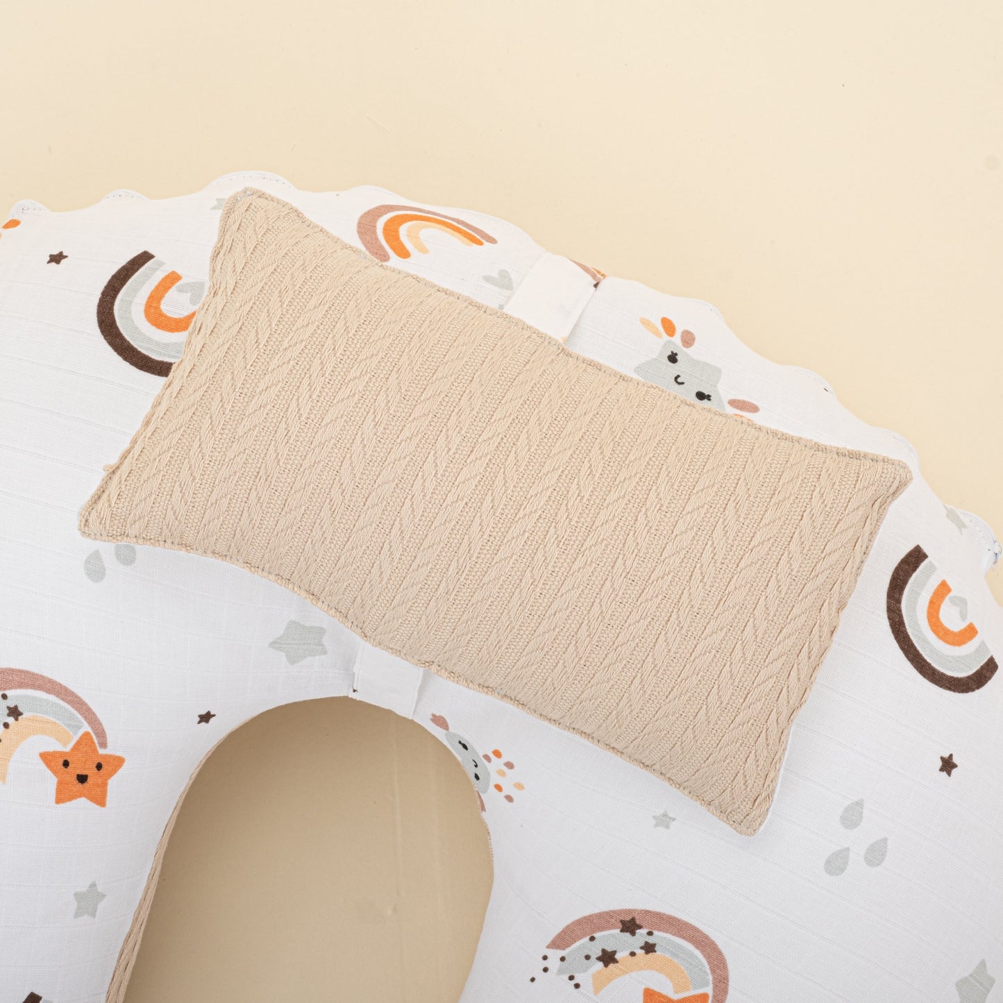 Double Sided Breastfeeding Pillow - Sütlü Kahve Örgü - Turuncu Gökkuşağı