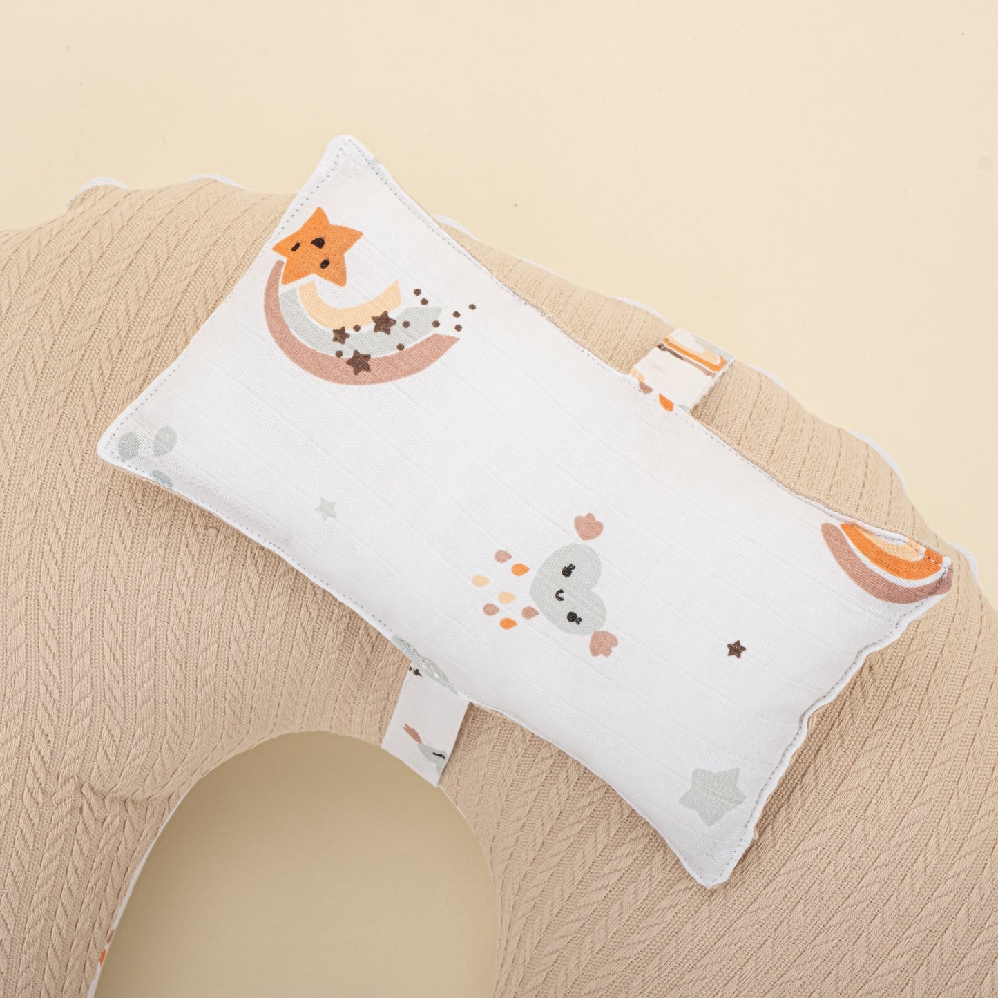 Double Sided Breastfeeding Pillow - Sütlü Kahve Örgü - Turuncu Gökkuşağı