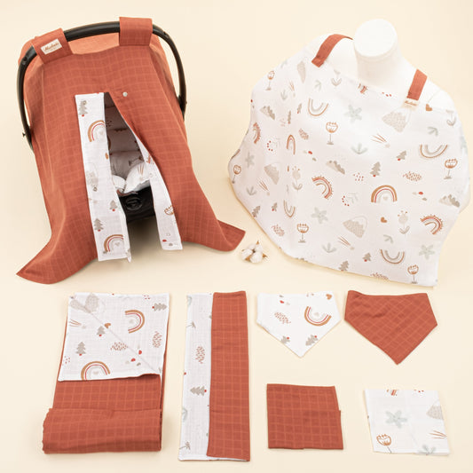 9 Piece - Newborn Sets - Double Sided - Seasonal - Koyu Kiremit Muslin - Kahverengi Gökkuşağı