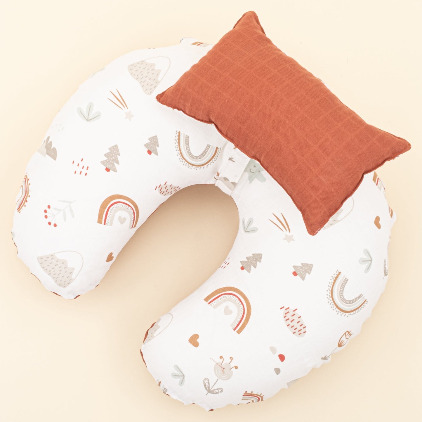 Double Sided Breastfeeding Pillow - Koyu Kiremit Muslin - Kahverengi Gökkuşağı