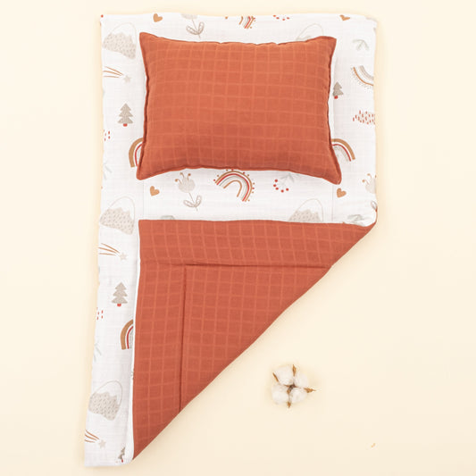 Double Sided Changing Pad and Pillow - Koyu Kiremit Muslin - Kahverengi Gökkuşağı