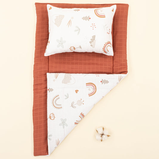 Double Sided Changing Pad and Pillow - Koyu Kiremit Muslin - Kahverengi Gökkuşağı