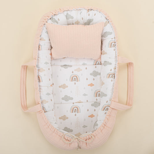 Babynest and Pillow - Çift Taraflı - Somon Örgü - Yeşil Gökkuşağı