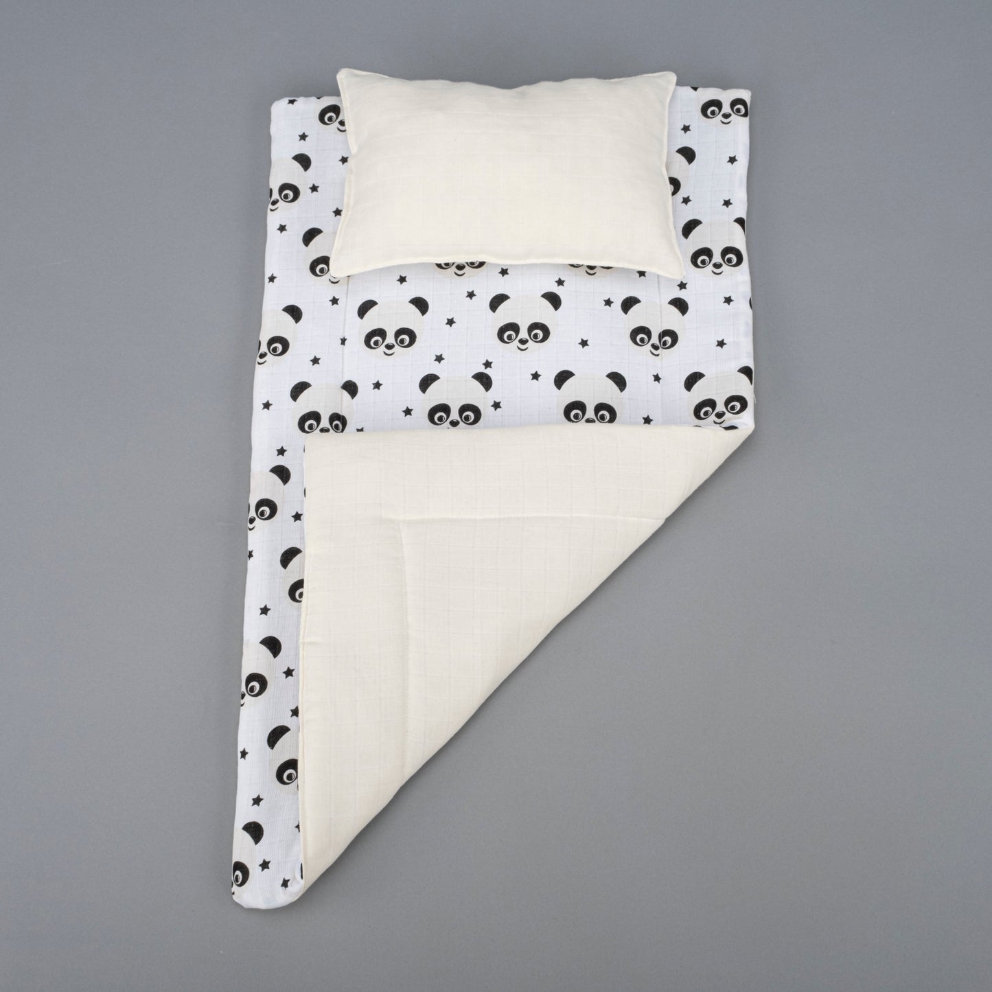 Double Sided Changing Pad and Pillow - Krem Muslin - Panda