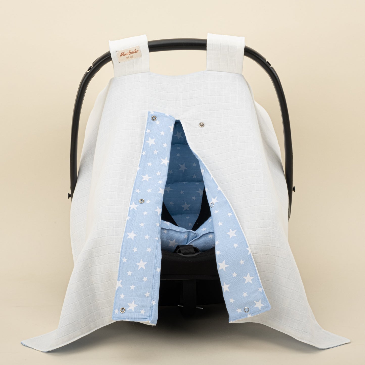 Stroller Cover Set - Double Side - Beyaz Muslin - Mavi Minik Yıldızlar