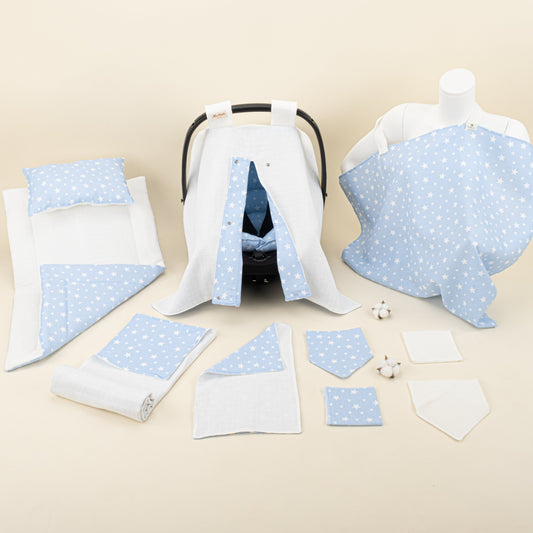 11 Piece - Newborn Sets - Double Sided - Seasonal - Krem Muslin - Mavi Minik Yıldızlar