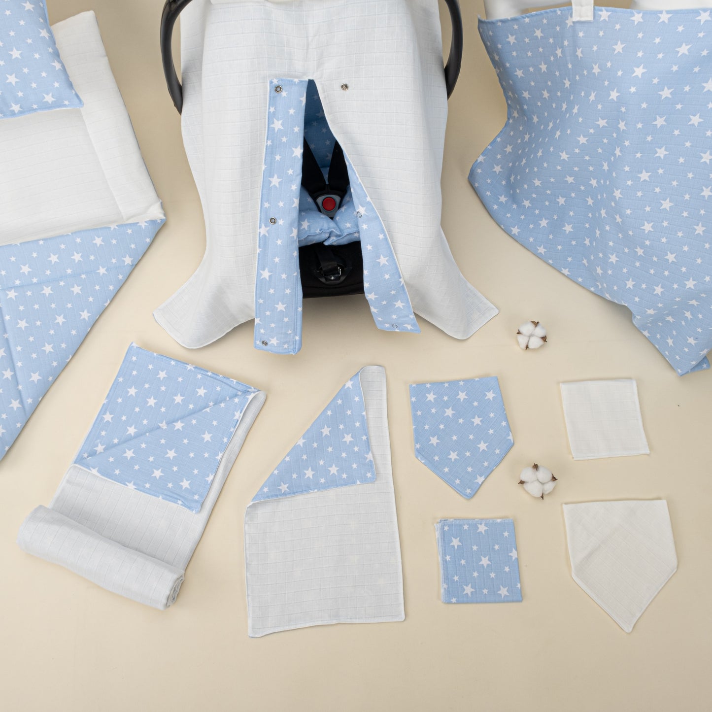 11 Piece - Newborn Sets - Double Sided - Seasonal - Krem Muslin - Mavi Minik Yıldızlar