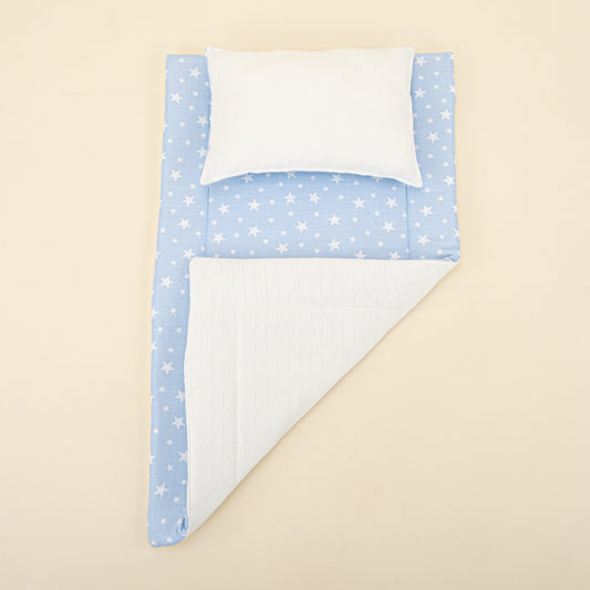 Double Sided Changing Pad and Pillow - Krem Muslin - Mavi Minik Yıldızlar