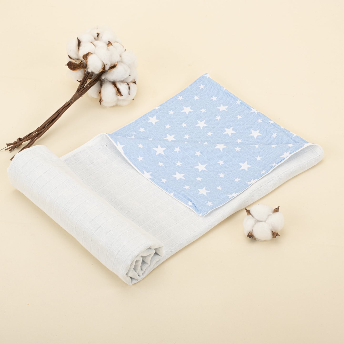 Double Side Muslin Cover - Krem Muslin - Mavi Minik Yıldızlar