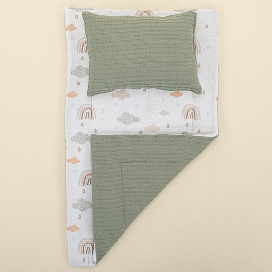 Double Sided Changing Pad and Pillow - Koyu Yeşil Örgü - Yeşil Gökkuşağı