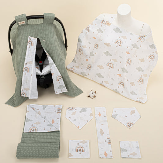 9 Piece - Newborn Sets - Double Sided - Winter - Koyu Yeşil Örgü - Yeşil Gökkuşağı