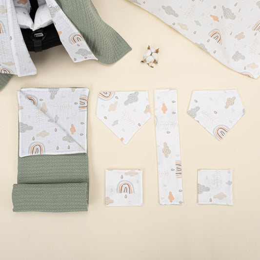 9 Piece - Newborn Sets - Double Sided - Winter - Koyu Yeşil Örgü - Yeşil Gökkuşağı