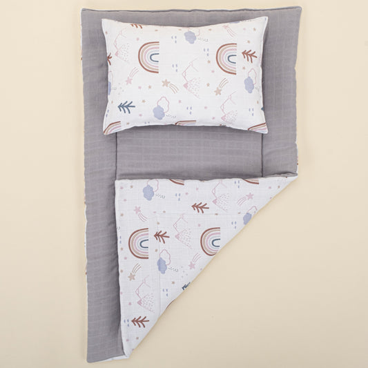 Double Sided Changing Pad and Pillow - Gri Muslin - Pastel Gökkuşağı