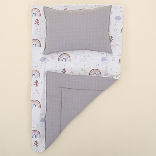 Double Sided Changing Pad and Pillow - Gri Muslin - Pastel Gökkuşağı