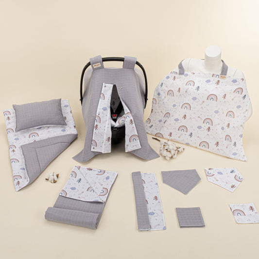 11 Piece - Newborn Sets - Double Sided - Seasonal - Gri Muslin - Pastel Gökkuşağı