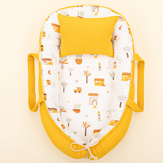 Babynest and Pillow - Çift Taraflı - Hardal Petek - Sarı Ev