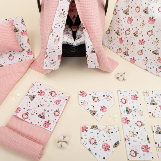 11 Piece - Newborn Sets - Double Sided - Winter - Pembe Petek - Pembe Ayıcıklar