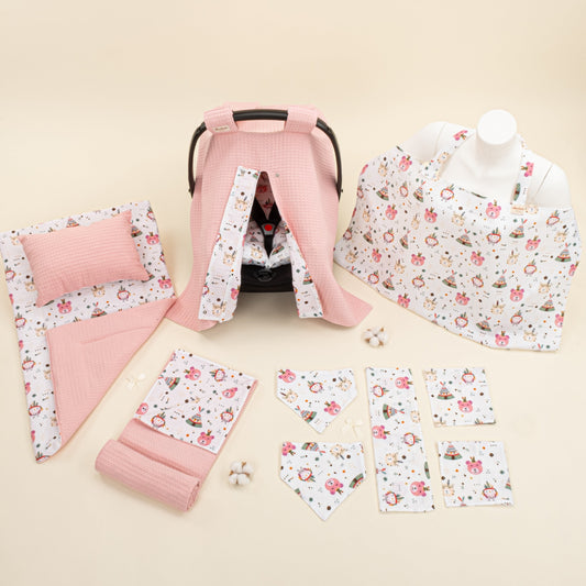 11 Piece - Newborn Sets - Double Sided - Winter - Pembe Petek - Pembe Ayıcıklar