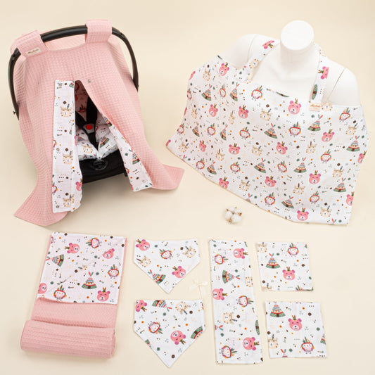 9 Piece - Newborn Sets - Double Sided - Winter - Pembe Petek - Pembe Ayıcıklar