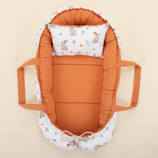 Babynest and Pillow - Çift Taraflı - Turuncu Petek - Kahverengi Tavşan