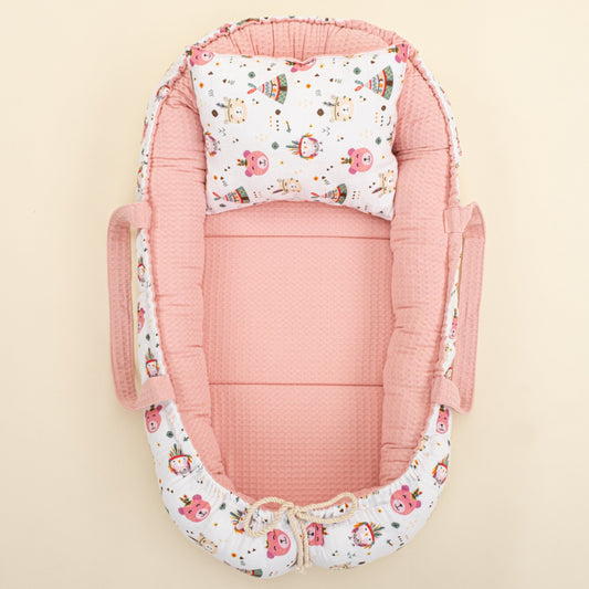 Babynest and Pillow - Çift Taraflı - Pembe Petek - Pembe Ayıcıklar