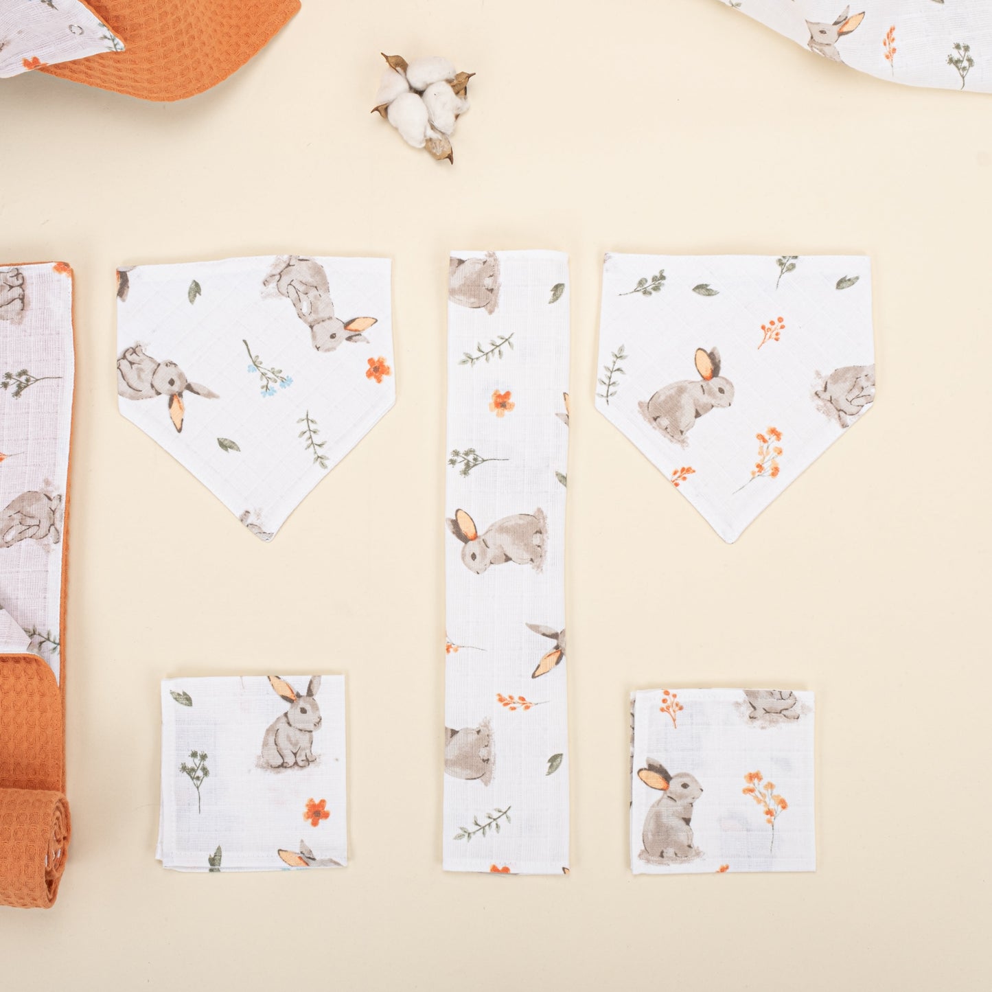 9 Piece - Newborn Sets - Double Sided - Winter - Turuncu Petek - Kahverengi Tavşan