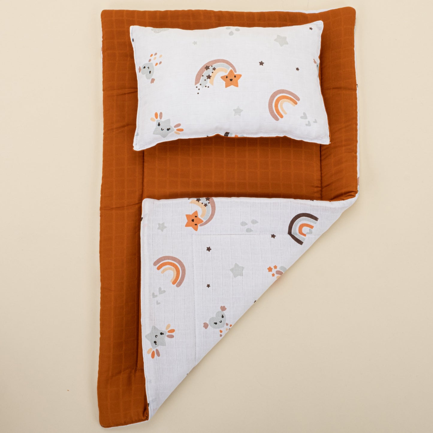 Double Sided Changing Pad and Pillow - Kiremit Muslin - Turuncu Gökkuşağı