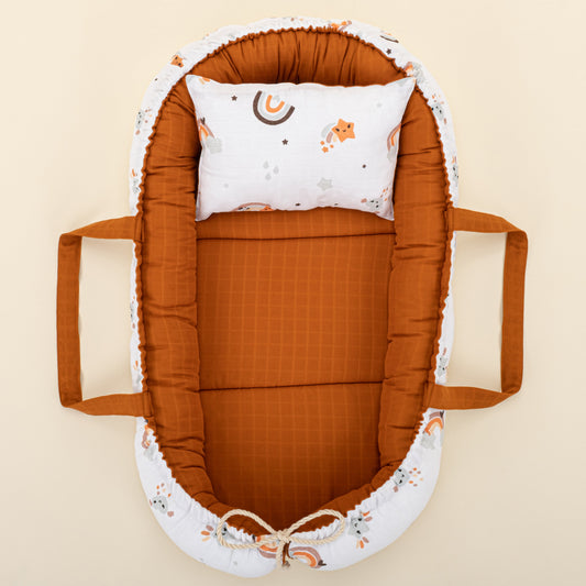 Babynest and Pillow - Çift Taraflı - Kiremit Muslin - Turuncu Gökkuşağı