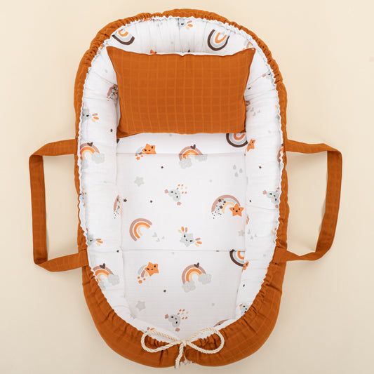 Babynest and Pillow - Çift Taraflı - Kiremit Muslin - Turuncu Gökkuşağı