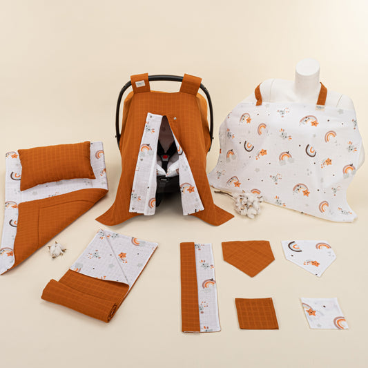 11 Piece - Newborn Sets - Double Sided - Seasonal - Kiremit Muslin - Turuncu Gökkuşağı