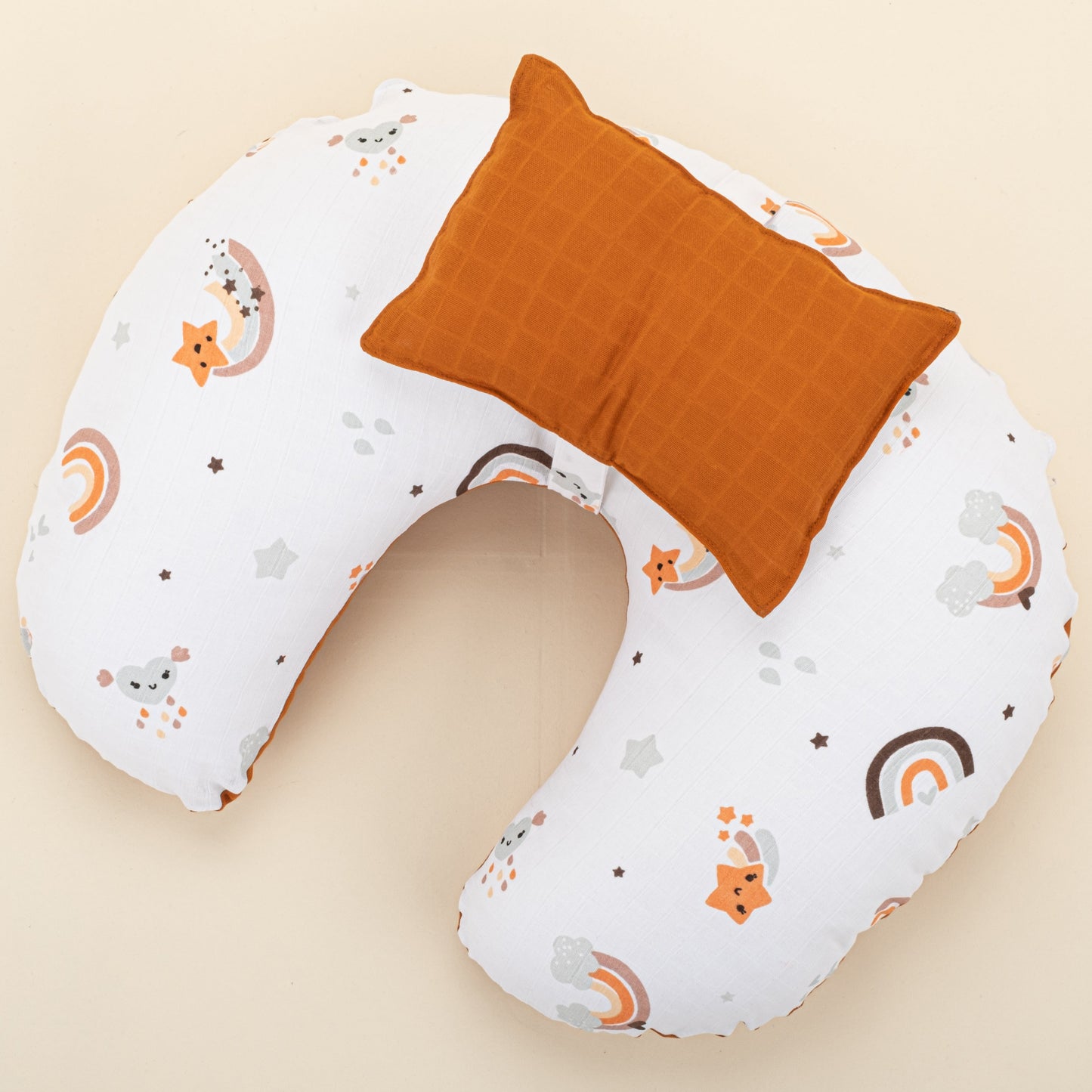 Double Sided Breastfeeding Pillow - Kiremit Müslin - Turuncu Gökkuşağı