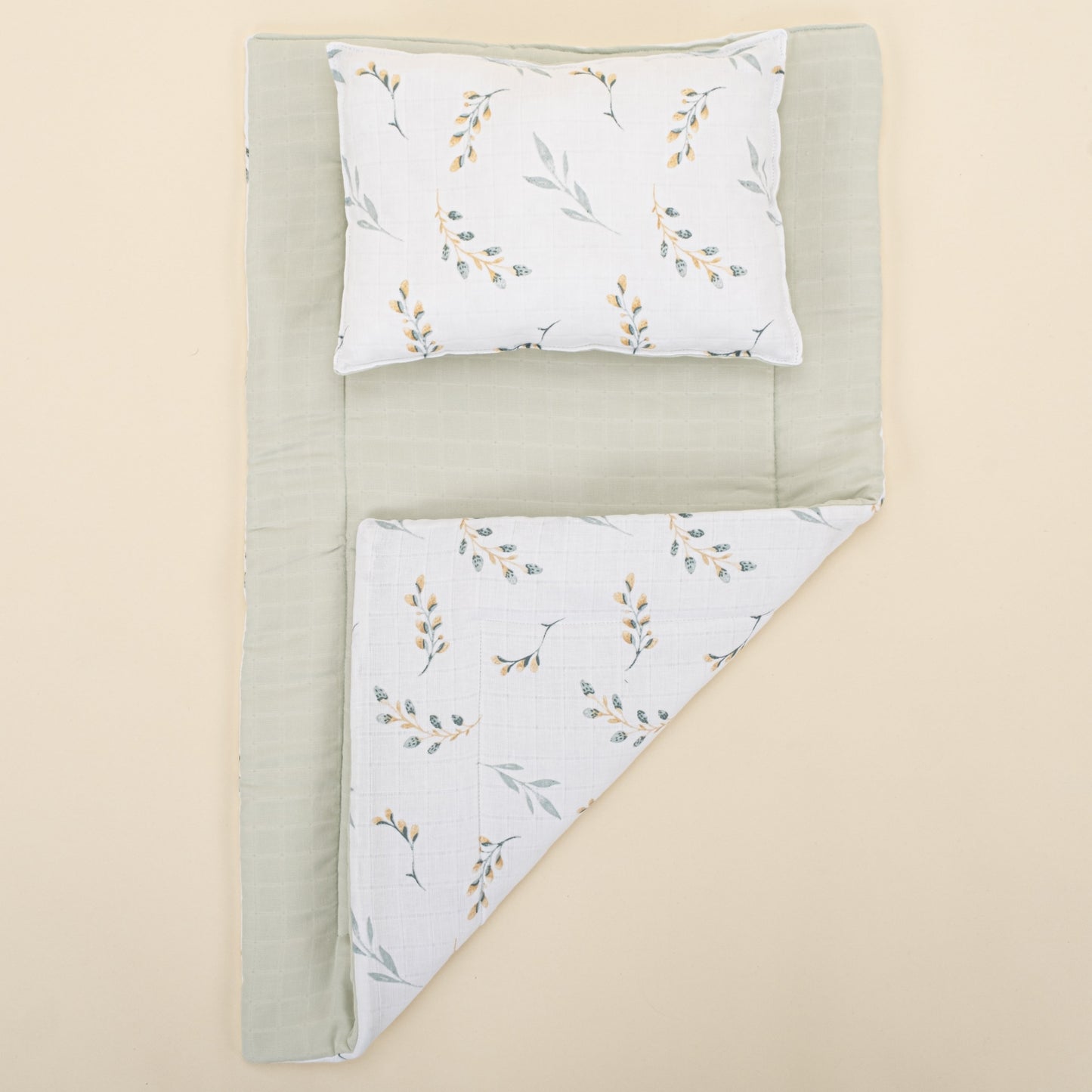 Double Sided Changing Pad and Pillow - Açık Yeşil Muslün - Yapraklar