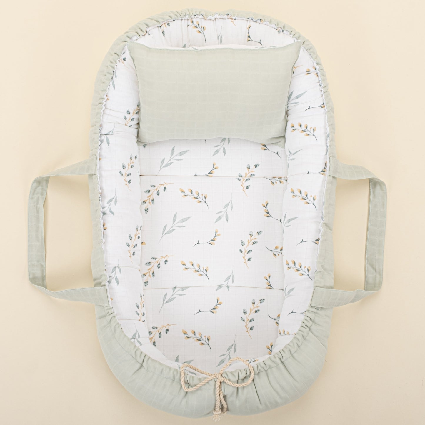 Babynest and Pillow - Çift Taraflı - Açık Yeşil Muslin - Yapraklar