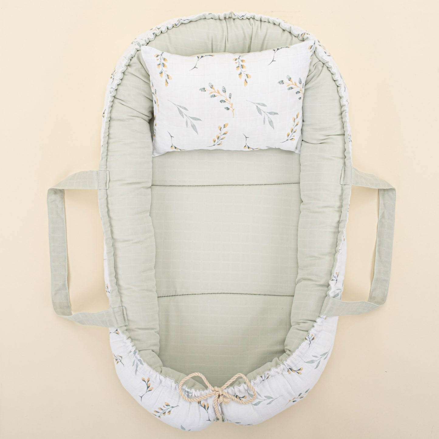 Babynest and Pillow - Çift Taraflı - Açık Yeşil Muslin - Yapraklar