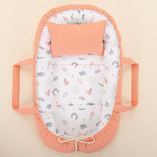 Babynest and Pillow - Çift Taraflı - Somon Petek - Yeşil Çiçekler