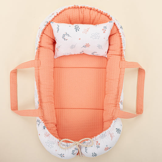 Babynest and Pillow - Çift Taraflı - Somon Petek - Yeşil Çiçekler