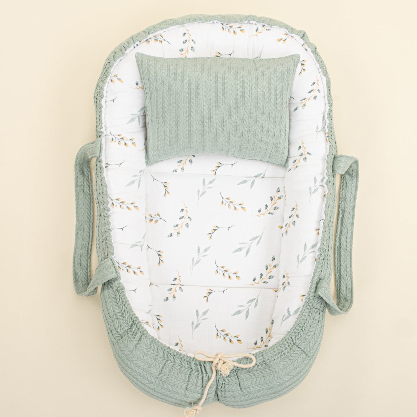 Babynest and Pillow - Çift Taraflı - Mint Örgü - Yapraklar