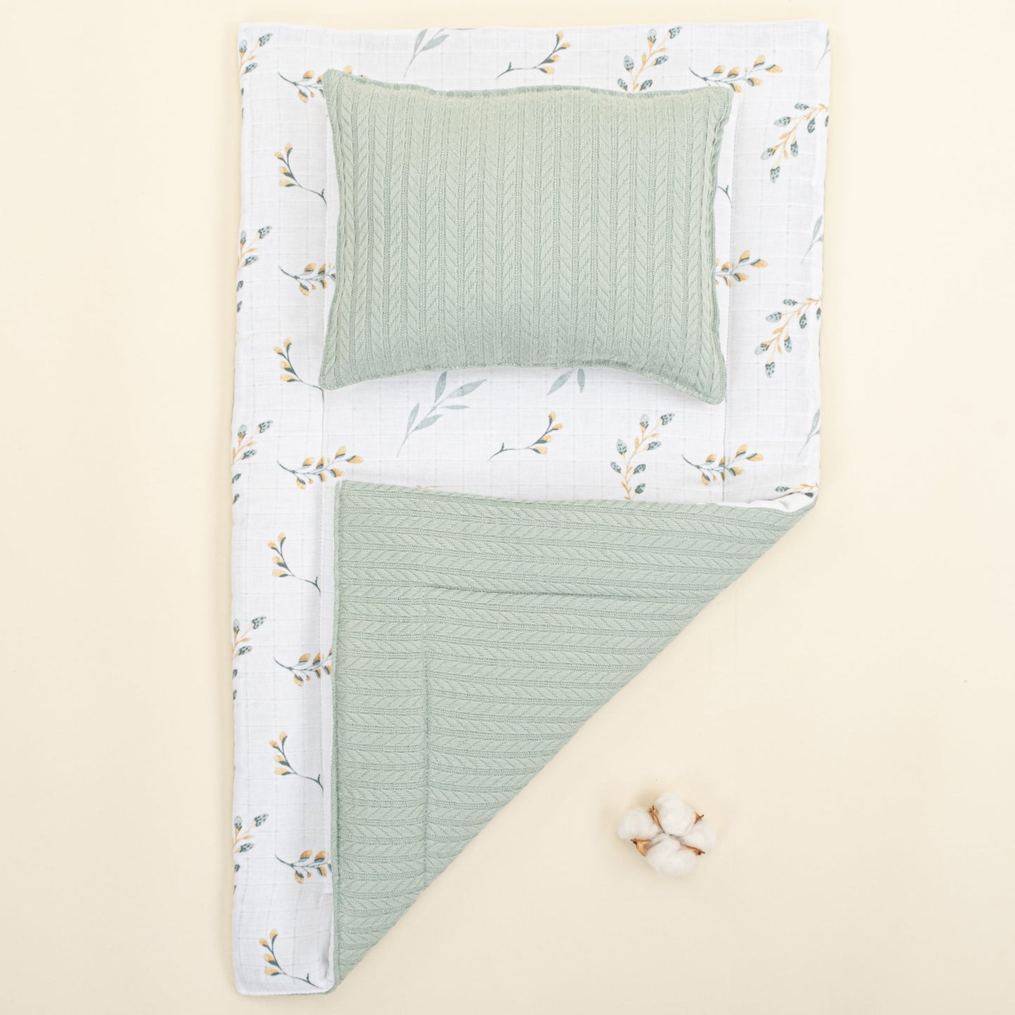 Double Sided Changing Pad and Pillow - Mint Örgü - Yapraklar