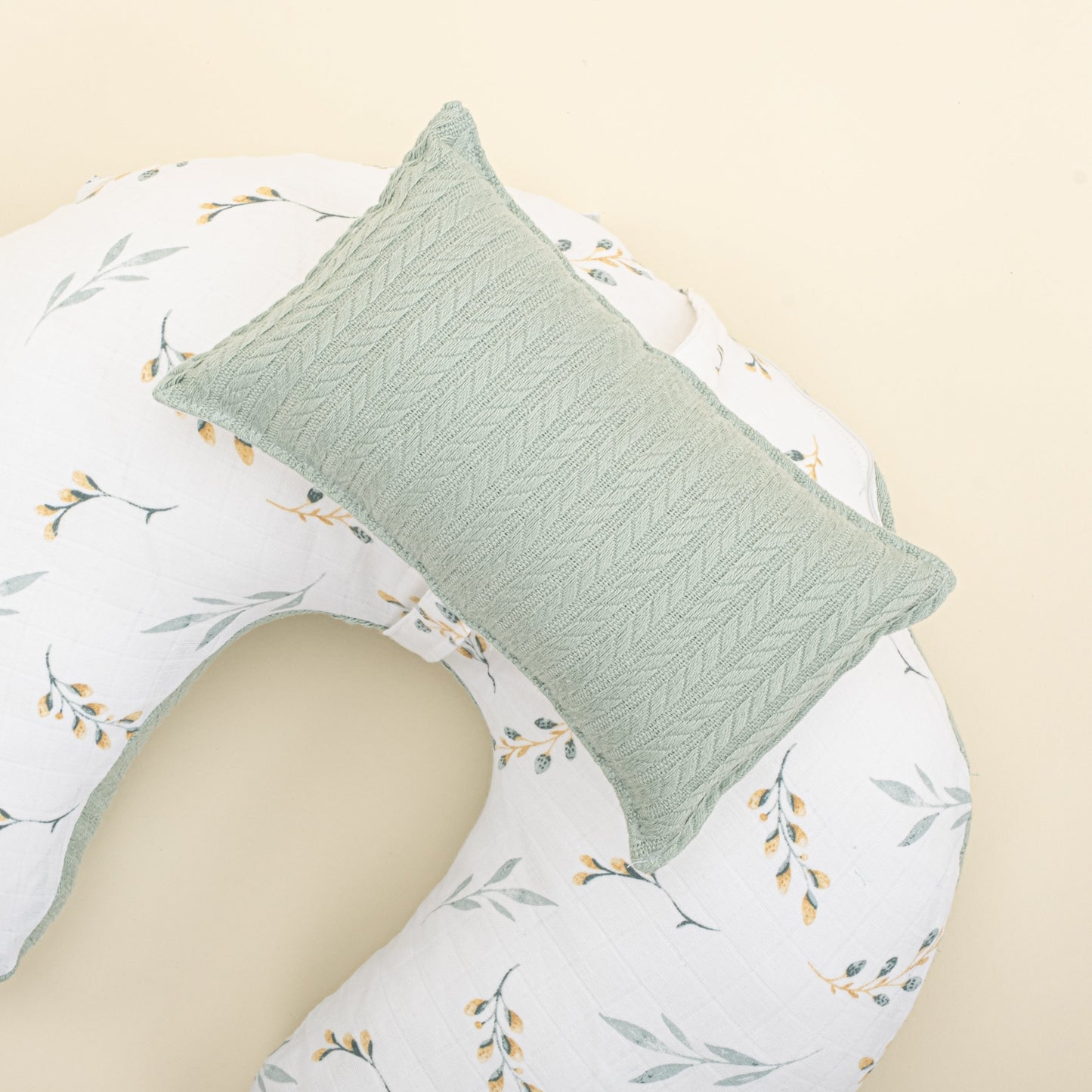 Double Sided Breastfeeding Pillow - Mint Örgü - Yapraklar