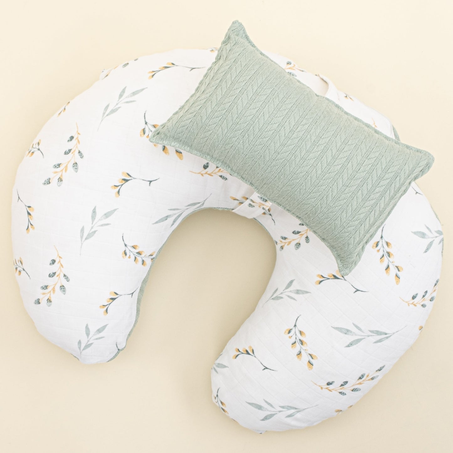 Double Sided Breastfeeding Pillow - Mint Örgü - Yapraklar