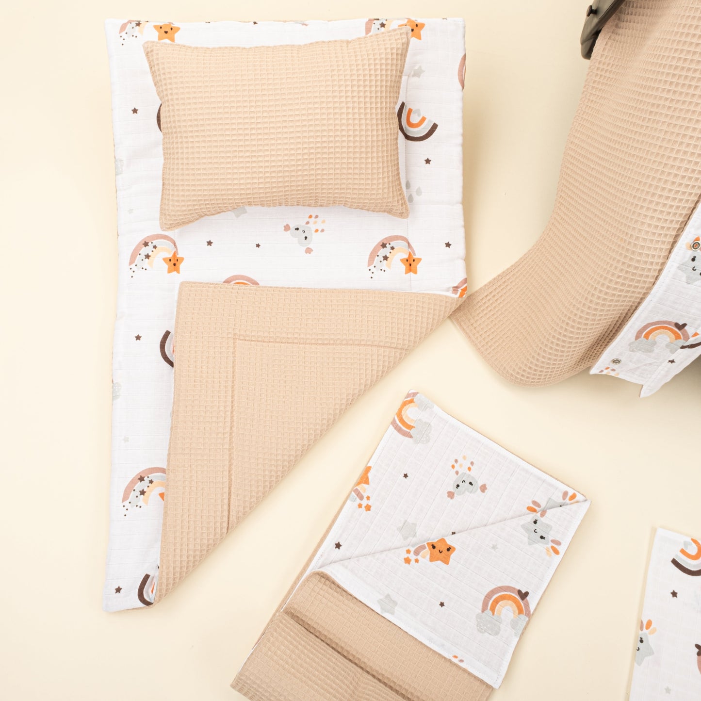 11 Piece - Newborn Sets - Double Sided - Winter - Bej Petek - Turuncu Gökkuşağı