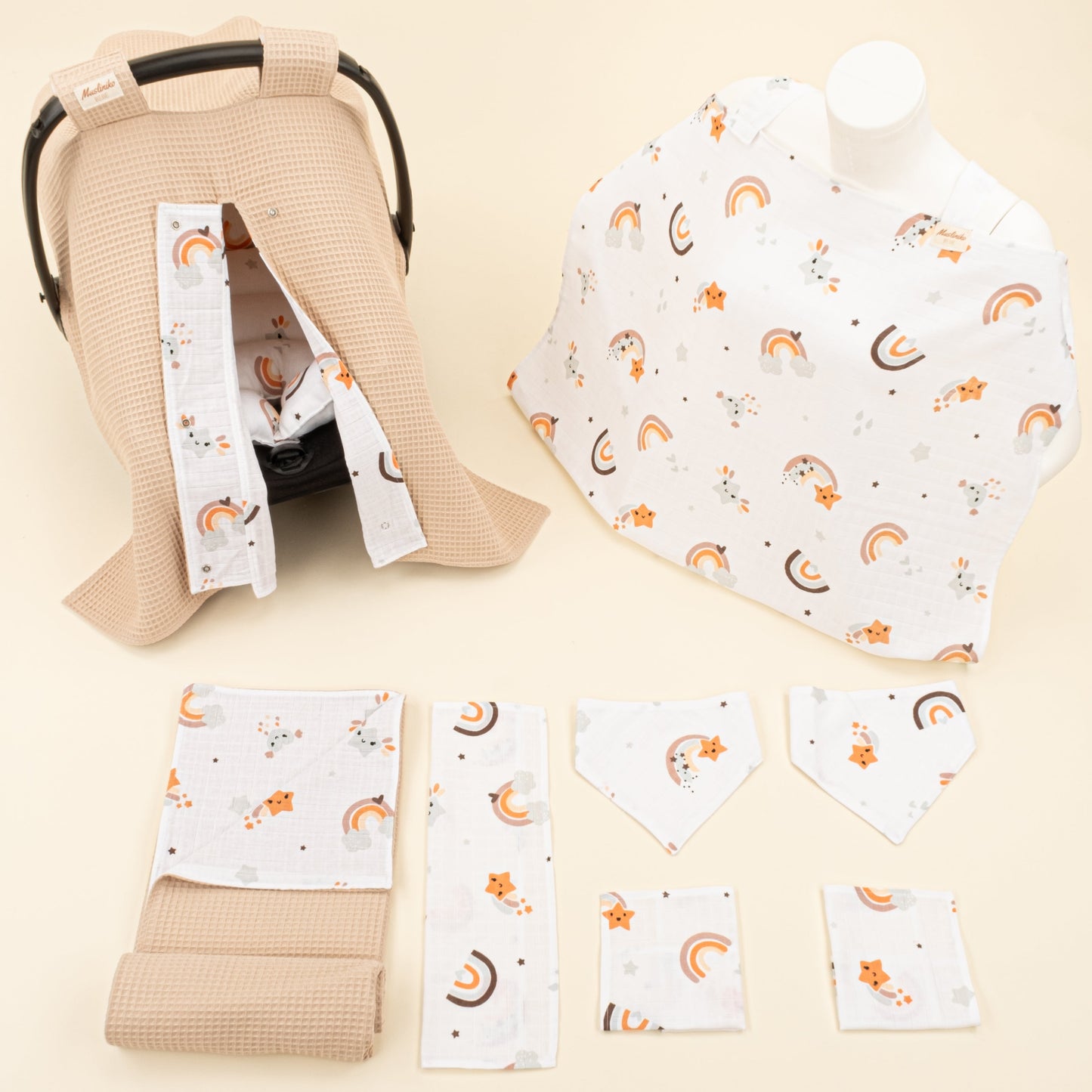 9 Piece - Newborn Sets - Double Sided - Winter - Bej Petek - Turuncu Gökkuşağı