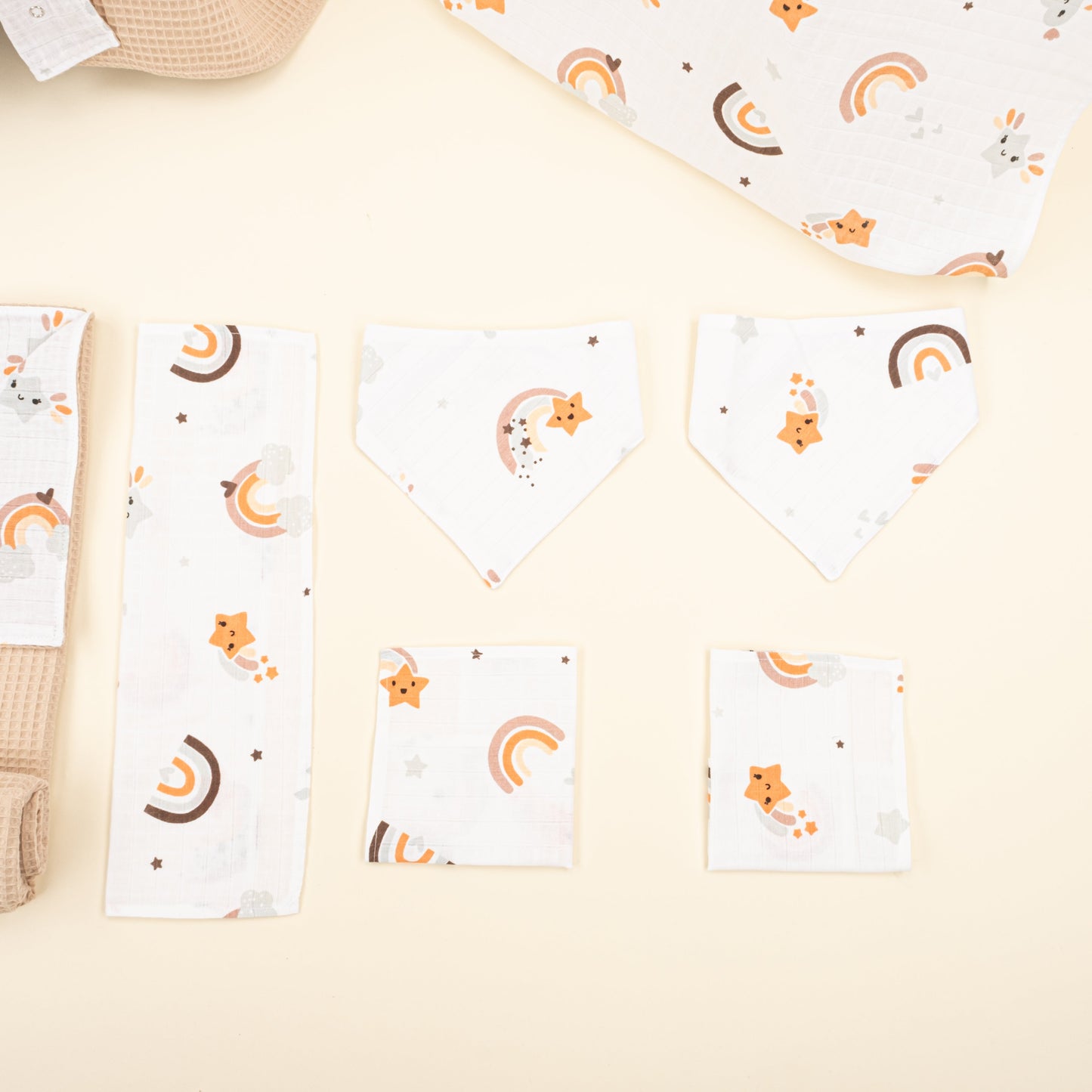 9 Piece - Newborn Sets - Double Sided - Winter - Bej Petek - Turuncu Gökkuşağı