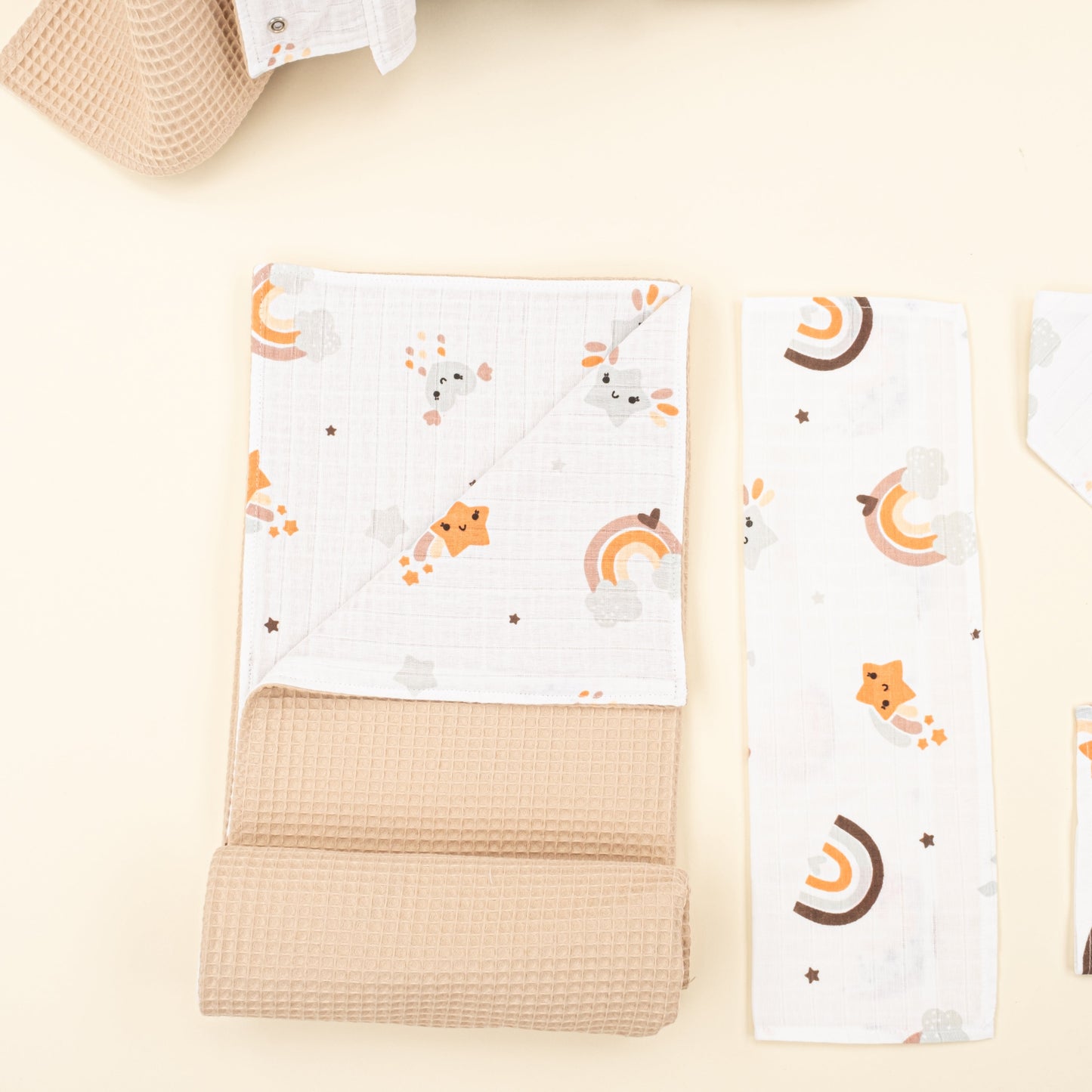 9 Piece - Newborn Sets - Double Sided - Winter - Bej Petek - Turuncu Gökkuşağı