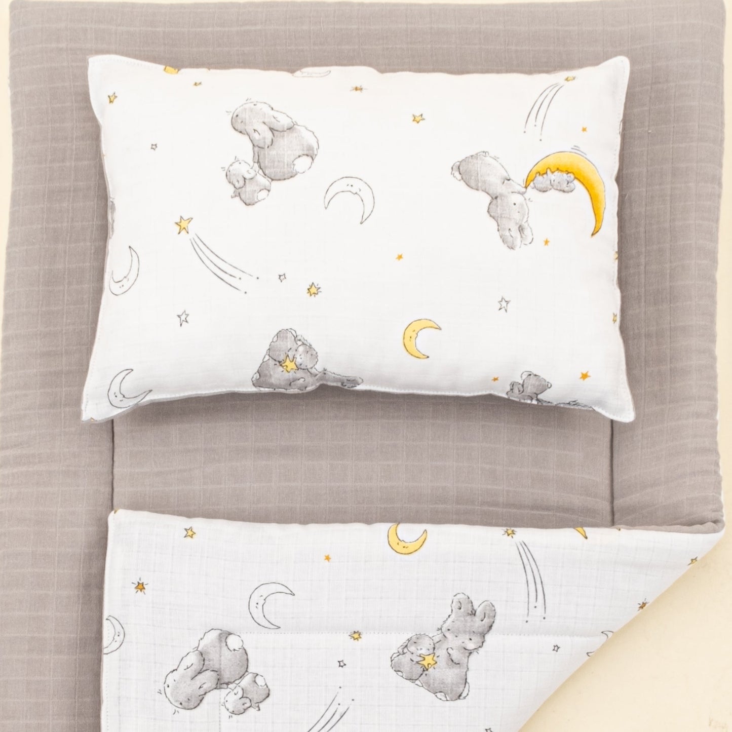 Double Sided Changing Pad and Pillow - Açık Gri Muslin - Gri Tavşan